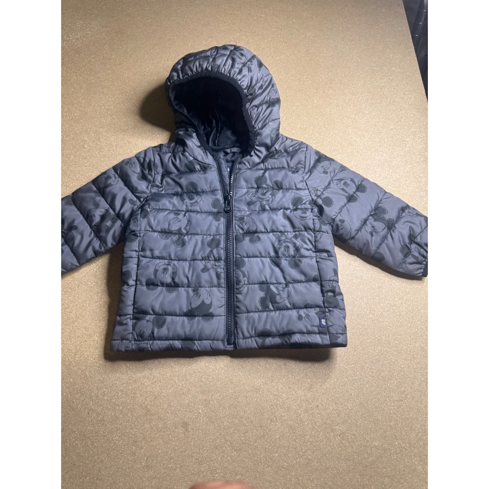 Baby GAP Disney Mickey Mouse Puffer Jacket Gray Hooded Coat 18-24 Months